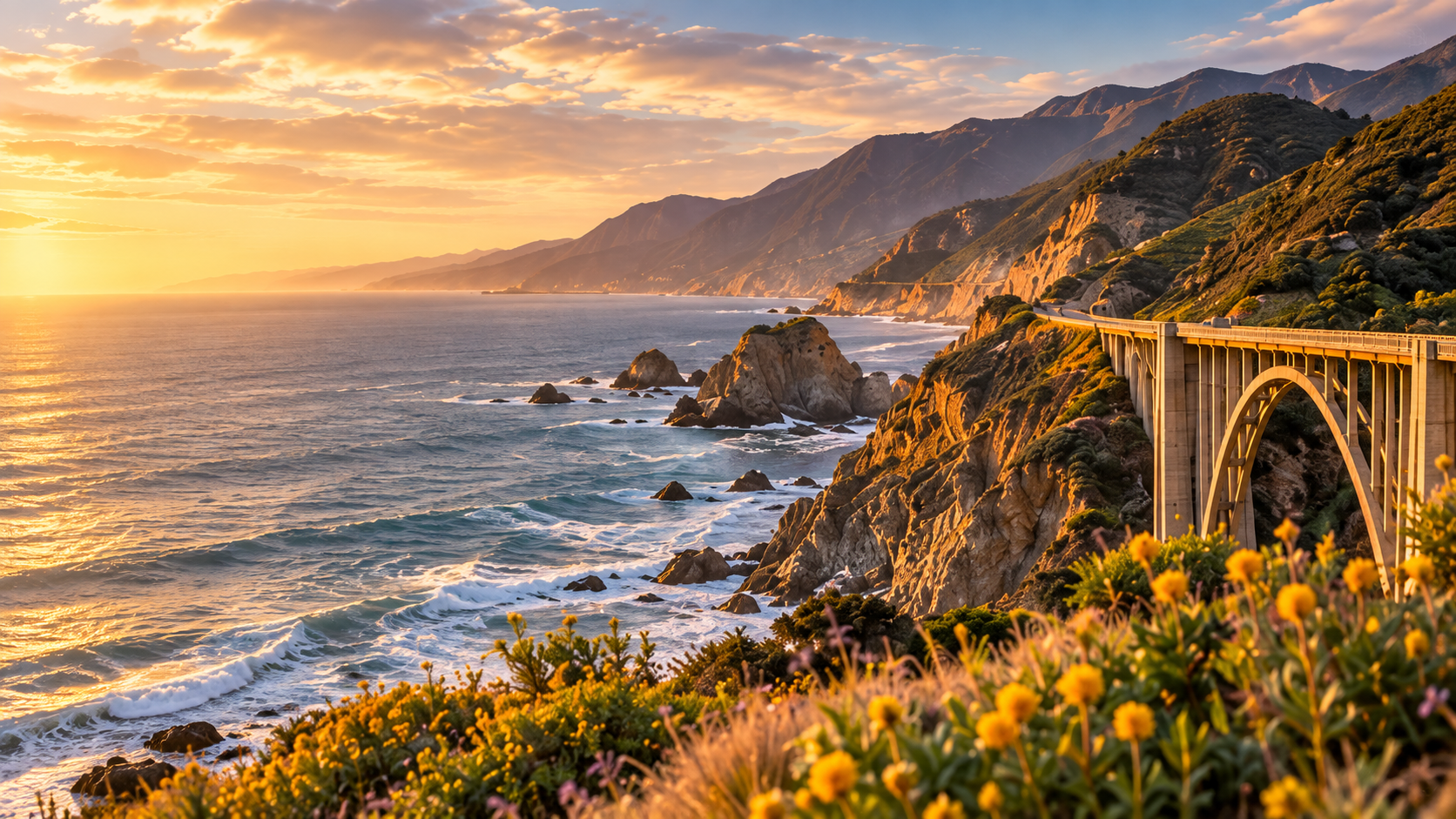 California coast and Bixby Bridge at golden hour